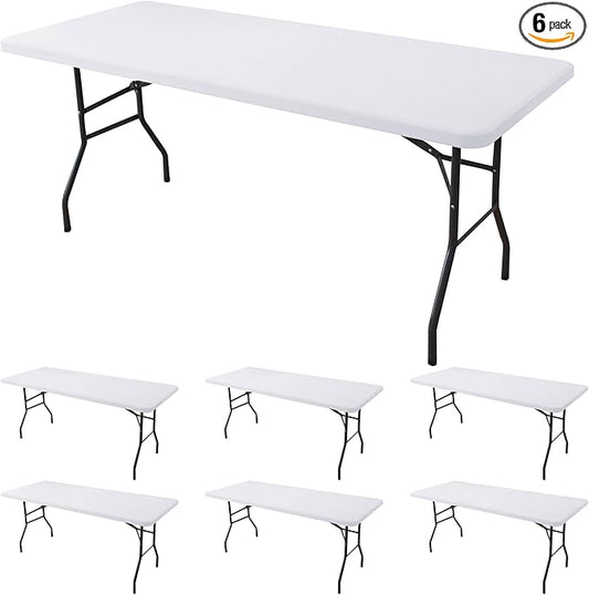 Fitted Tablecloth for 8 Foot Rectangle Tables-6 Pack White Elastic Outdoor Picnic Table Cover-Spandex Stretch Folding Table Cloths 8ft for Camping Dining Room Patio Kitchen Banquet Party