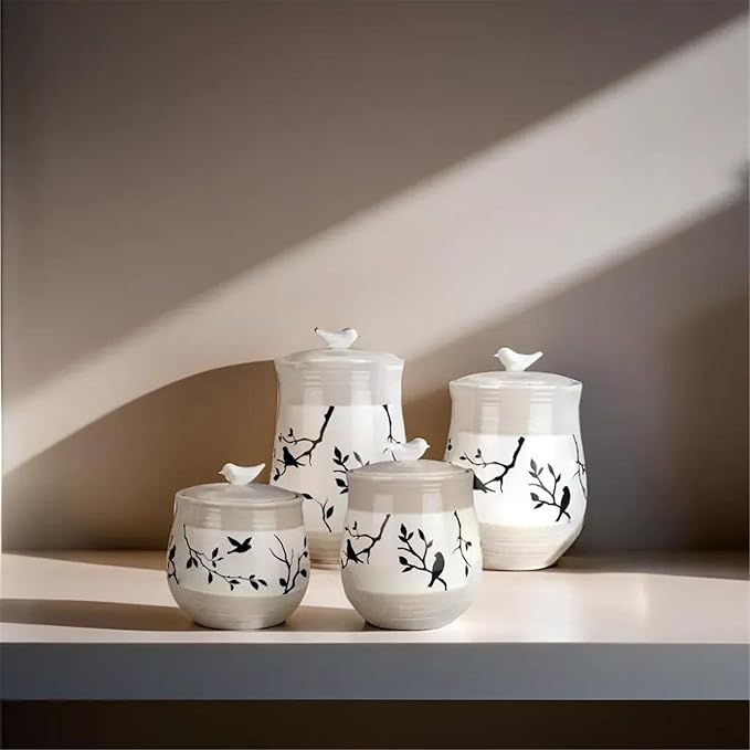 Young's Inc. 4 Pcs Set Botanical Ceramic Canisters- Storage Container for Kitchen and Bathroom - Beautiful Home Decor Accent to Store Food, Coffee, Tea, and More - Brown, White