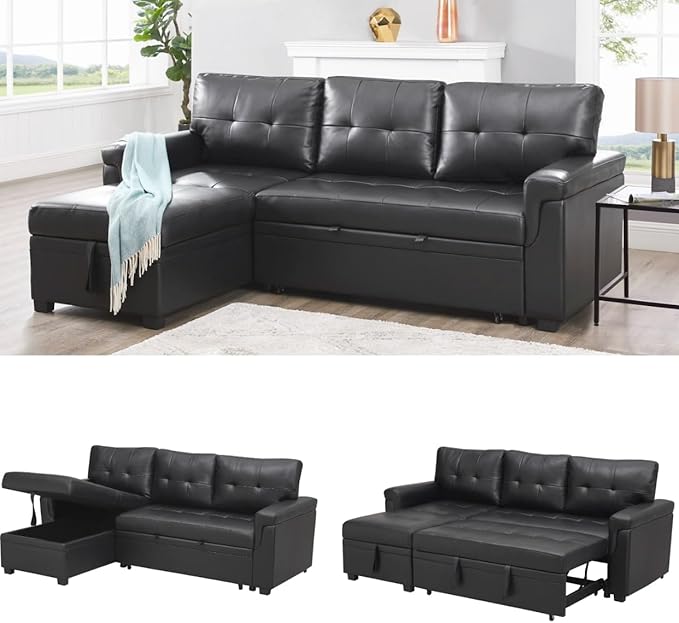 Naomi Home Modern Sectional Sofa with Storage Chaise Black/Air Leather