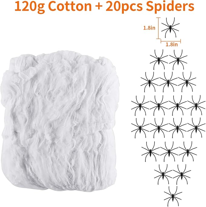 600 sqft Spider Web Halloween Decorations With 20 Fake Spiders - Super Stretch Cobwebs for Party Decor and Supplies