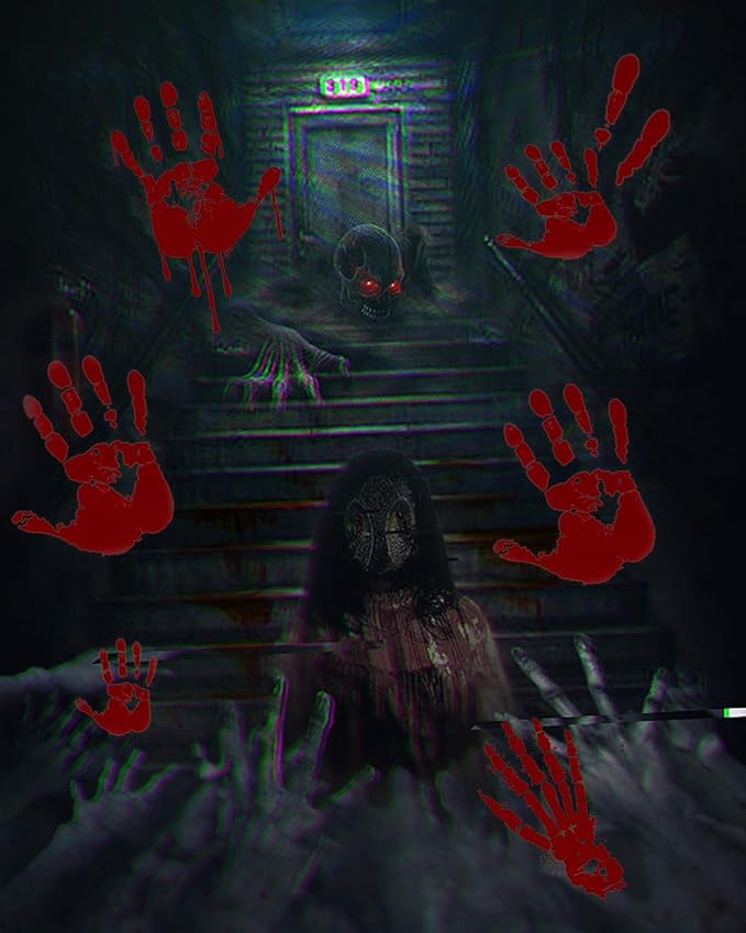 Halloween Bloody Handprint Footprint Window Stickers Wall Stickers for Halloween Party Decorations Inside Outside Decor Come with Plastic Scraper Tools 2pcs