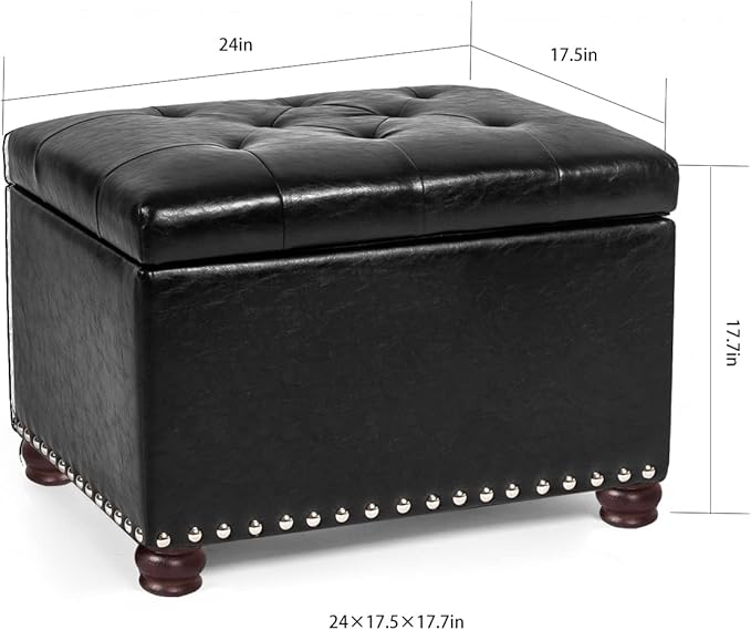 Joveco Leather Storage Ottoman, 24" Rectangle Tufted Foot Rest Stool, for Living Room Bedroom, Midnight Black