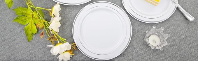 FLOWERCAT 60PCS Silver Plastic Plates - Heavy Duty White and Silver Plastic Plates Disposable - Include 30PCS 10.25inch Dinner Plates and 30PCS 7.5inch Dessert Plates for Wedding&New Year