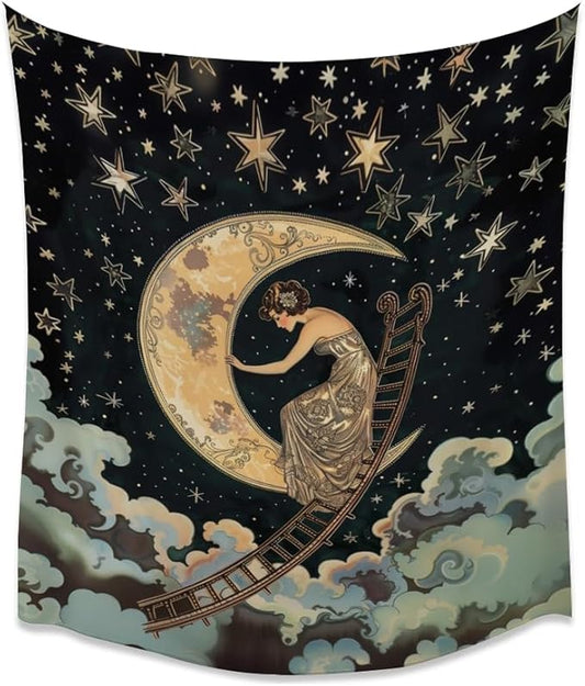 Dark Academia Gothic Aesthetic Tapestry ladder to The Moon and Stars Wall Hanging Print Trendy Vintage Art Nouveau Tapestries Decor for Home Bedroom Living Room 50x60inch