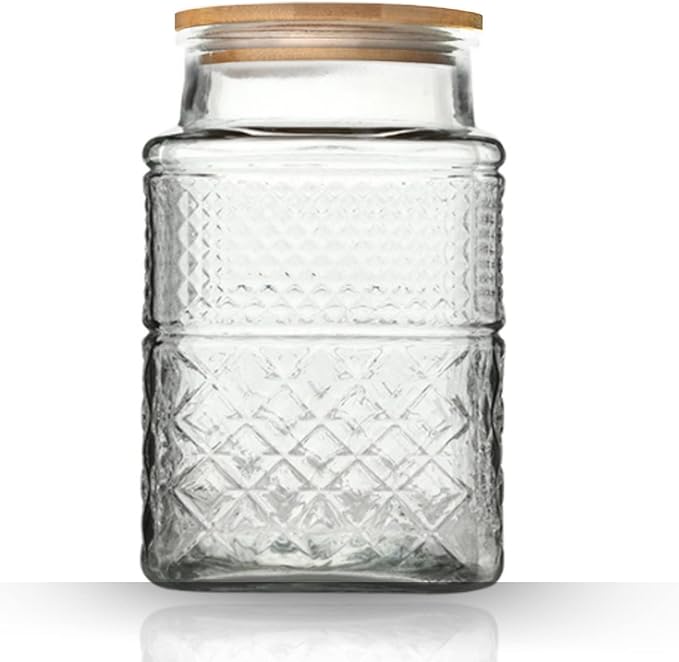Large Glass Storage Jar, 60 FL OZ Glass Food Storage Containers with Bamboo Lid, Kitchen Containers Cereal Canisters Decorative Jar for Candy Snack Cookies Coffee Tea Nuts Airtight Glass Jars (Square)