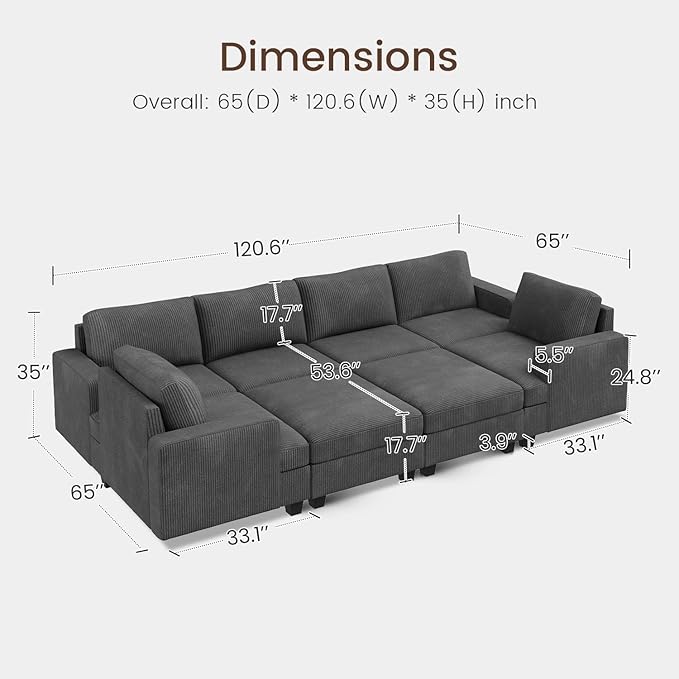 Nolany Sectional Couch with Storage Ottoman, Corduroy Sleeper Sectional Sofa with Chaise, Modular Sectional Couches for Living Room, Dark Grey