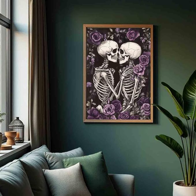 Gothic Skull Wall Art Skeleton Lover Poster Gothic Skull Wall Art Vintage Skeleton Print Horrible Posters Kissing Poster Dark Moody Paintings Dark Academia Canvas Living Room Decor 16x24inch No Frame
