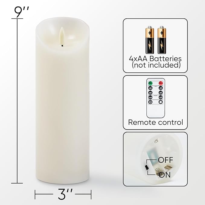 5plots 9" x 3" Flickering Flameless Candles - Battery Operated Wax LED Candles - Amber Yellow Light with Remote and Timers Set of 2, Ivory, for Home Decor, Candle Sconces