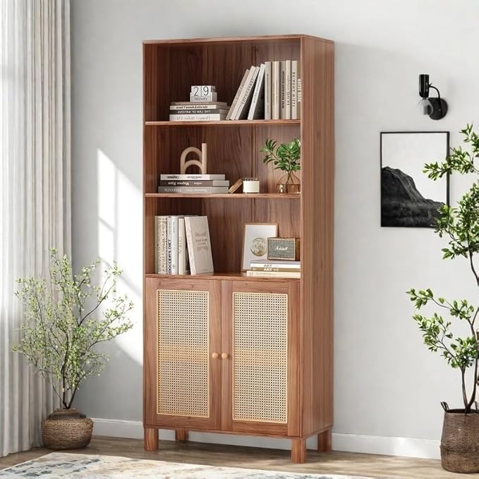 Tall Bookshelf, 5-Tier Book Shelf with 2 Rattan Doors, Freestanding Bookcase Display Shelves with Large Storage, Book Case for Living Room, Office, Study, Bedroom, 70.9 Inch
