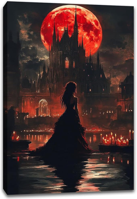 Halloween Witch Poster Canvas Prints Art Vintage Decor,Red Castle Blood Moon and Witch Scene Gothic Painting,Rustic Dark Academia Wall Art for Bathroom Spooky Living Room Wall Decor,8"x12" Framed