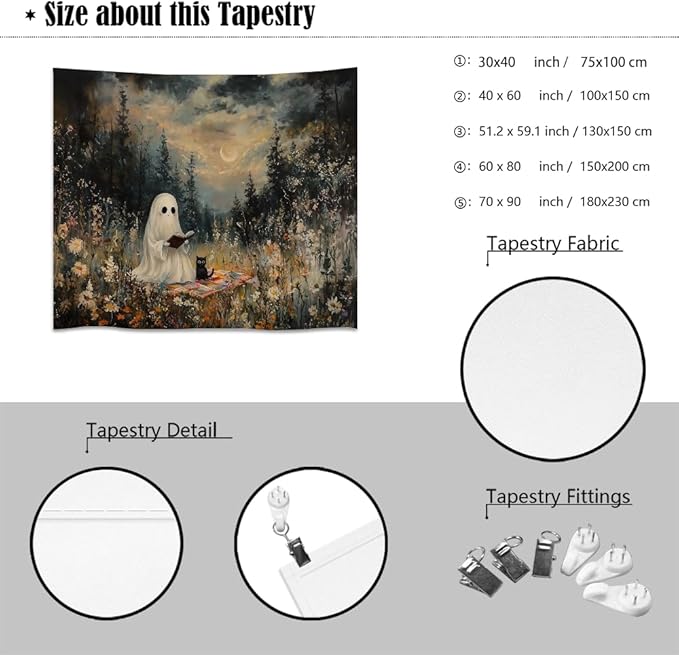 Halloween Ghost and Black Cat Tapestry Wall Hanging Spooky Ghos Reading Book in Wildflowers Wall Decor Halloween Witchy Room Aesthetic Tapestries for Goth Living Room Bedroom Decoration 40x60inch
