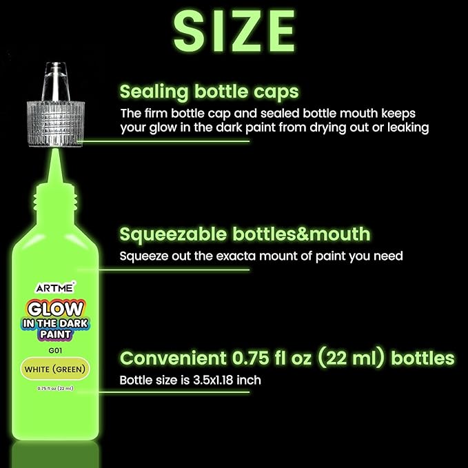 ARTME Glow in The Dark Paint, 18 Bright Colors 22ml/0.75oz Blacklight Paint Set, Neon Craft Paints, Glow Fluorescent Acrylic Paints Perfect for DIY projects, Halloween and Christmas Decorations