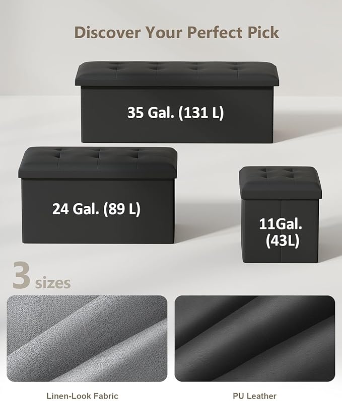 Storage Ottoman Bench, Folding Ottoman Foot Rest, 15 x 43 x 15 Inches, End of Bed Bench,Storage Chest, for Living Room, Bedroom, Hallway, Entryway, Holds up to 700 lb,Black