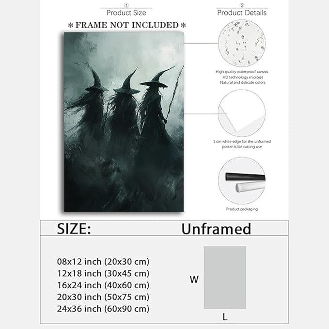 Gothic Witchs Horror Halloween Wall Art,Three Witches in Moody Forest Painting Wall Decor,Autumn Spooky Witches Forest Canvas Printing For Gallery Living Room Bedroom,24"x36" Unframed