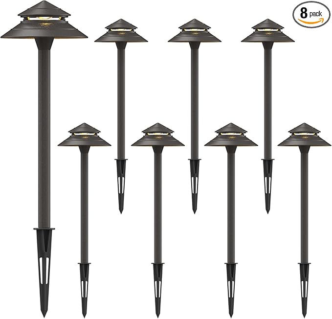 GOODSMANN Pathway Lights Kits 3W LED 8PK Outdoor Low Voltage Landscape Lighting 180 Lumen Hardwired 2 Tier Pagoda Path Light 3000K Warm White Metal 12V Electric Sidewalk Walkway Lights with Connectors