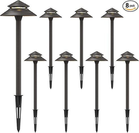GOODSMANN Pathway Lights Kits 3W LED 8PK Outdoor Low Voltage Landscape Lighting 180 Lumen Hardwired 2 Tier Pagoda Path Light 3000K Warm White Metal 12V Electric Sidewalk Walkway Lights with Connectors