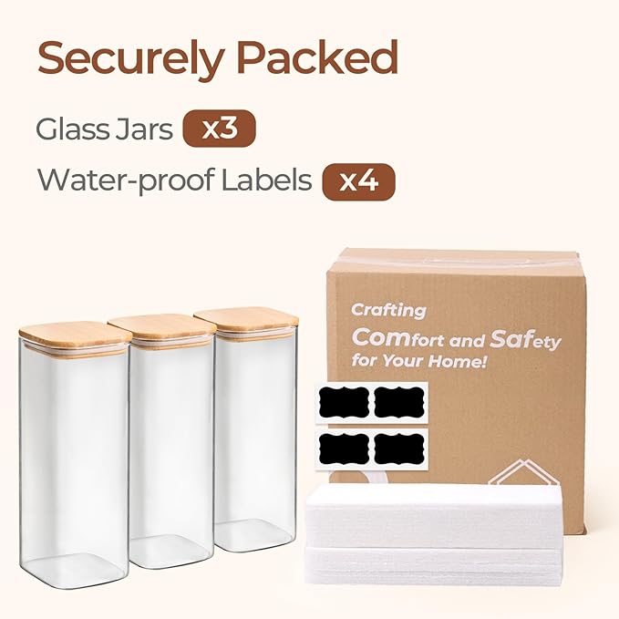 ComSaf 1.9 Qt Glass Storage Containers with Lids, Glass Jars with Lids, Clear Food Storage Jar, Square Canister Set of 3, Pantry Organizers and Storage for Flour Rice Pasta Tea Coffee Bean