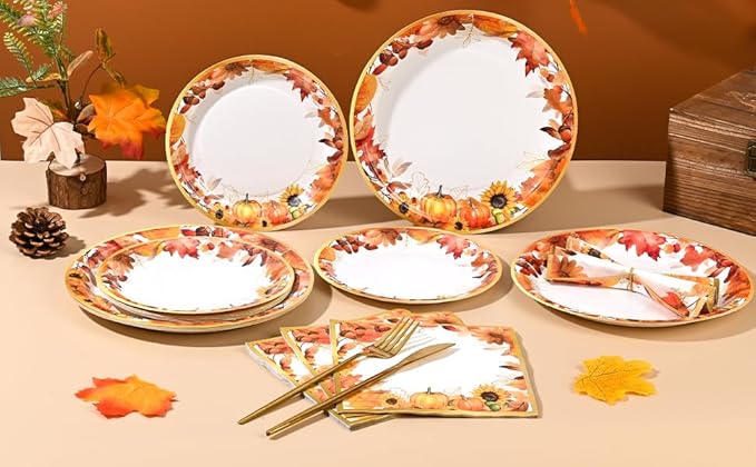 150Pcs Fall Paper Plates and Napkins Party Supplies Autumn Thanksgiving Disposable Plates Napkin Watercolor Maple Leaves Tableware Set for Fall Decor Thanksgiving Party Supplies,Serve 50 Guests