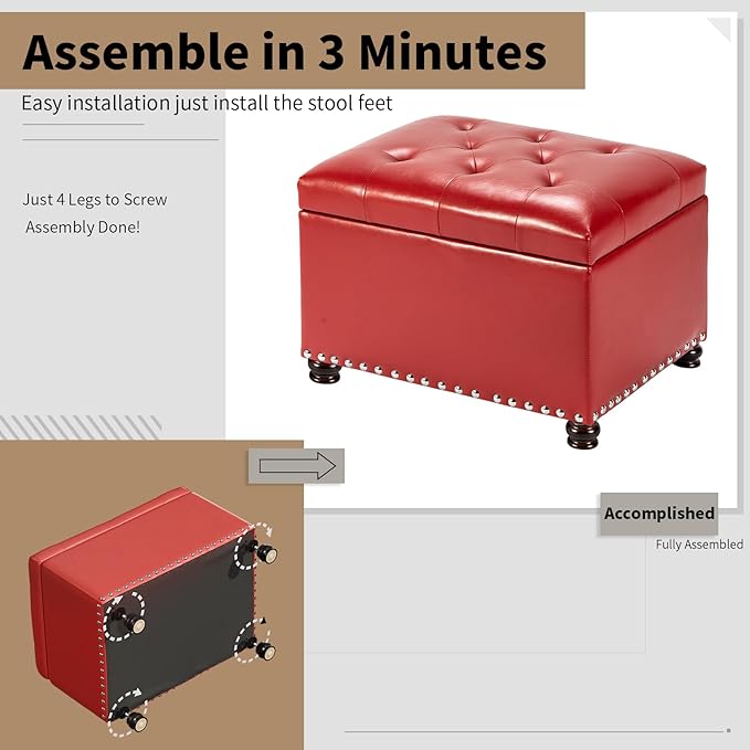 Joveco Leather Storage Ottoman, 24" Rectangle Square Bench Foot Rest Stool for Bedroom Living Room, Red