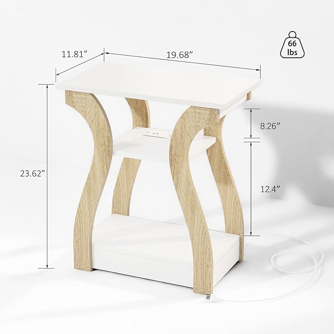 End Table with Charging Station, Side Table with USB Ports and Outlets, Nightstand, 3 Tier End Table with Storage Shelf for Living Room, Bedroom (White)