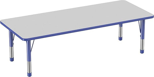 FDP Rectangle Activity School and Classroom Kids Table (30 x 72 inch), Chunky Toddler Leg, Adjustable Height 15-24 inches - Gray Top and Blue Edge