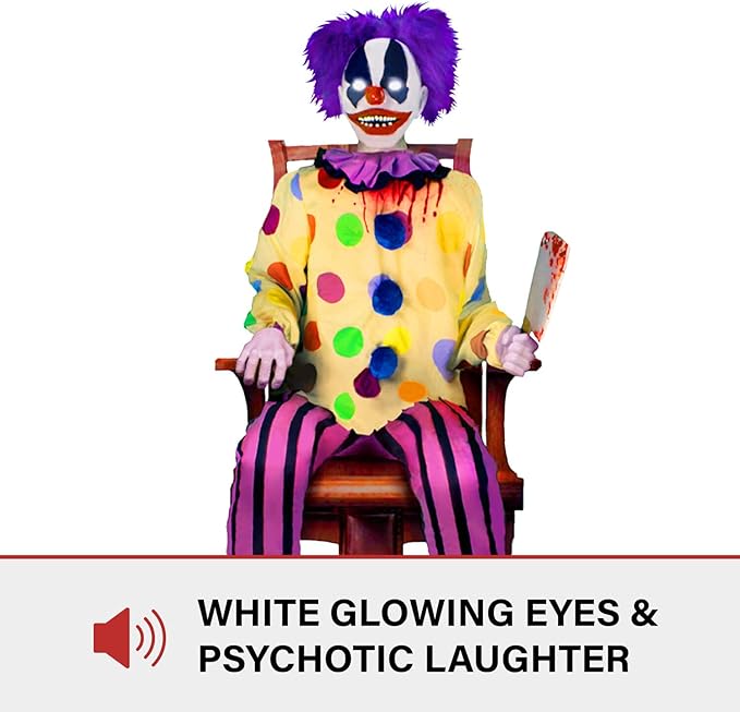 Haunted Hill Farm Motion-Activated Thrashing Clown with a Meat Cleaver by Tekky, Sitting Halloween Animatronic for Indoor or Covered Outdoor Creepy Halloween Decorations, Plug-in or Battery Operated