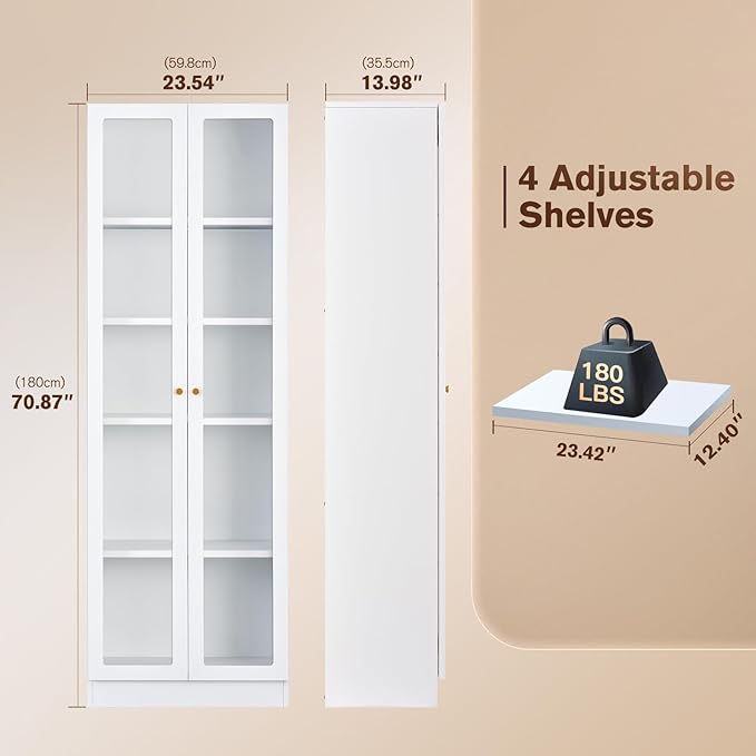 5 Tier Metal Curio Cabinets, Modern Bookshelf Cabinet with 4 Adjustable Shelves, Cabinet Display Case for Home Office, Living Room, Pantry (White-23.54W-Metal Door)