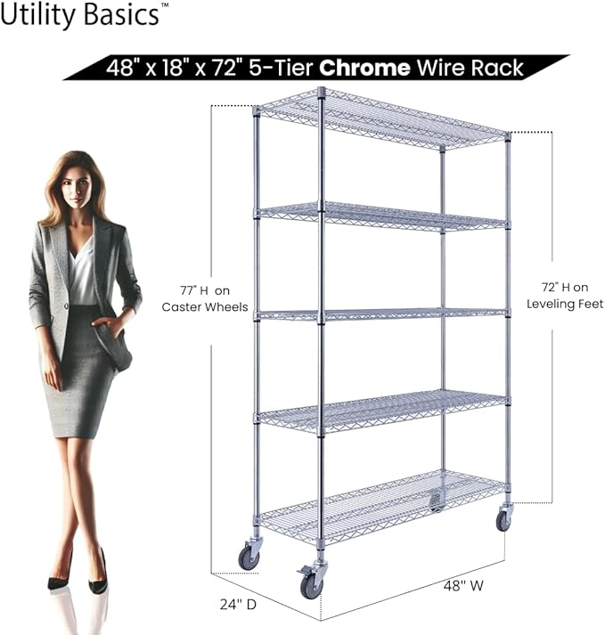 48"x18"x72" Chrome 5-Tier PREMIUM Wire Shelving NSF 4000 LBS MAX CAPACITY Heavy Duty Steel Storage Rack for Warehouses, Garages, Hospitals, Commercial Spaces, & Schools w/PREMIUM WHEELS