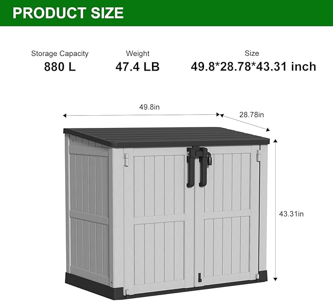 Outdoor Storage Shed Resin Tool Shed, 36 Cu Ft Waterproof Outdoor Horizontal Storage, Weather-Resistant Utility Shed with Air Vent for Trash and Lockable Doors, Garden Tools