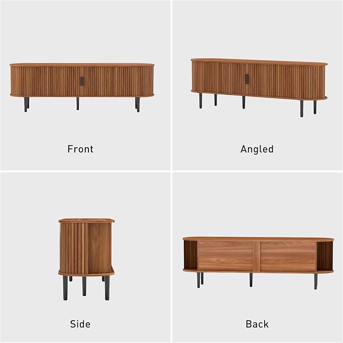 Bonzy Home 70" Mid Century Modern TV Stand, Tambour Entertainment Center with Storage, Long Media Console Television Stand with Metal Legs for up to 75'' TV, Walnut