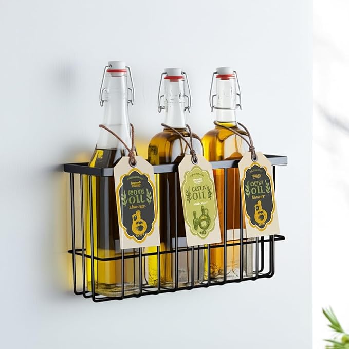 Magnetic Basket for Fridge, Magnetic Basket, Foil and Plastic Wrap Organizer with 4 Caddy Adhesive Stickers, Cabinet Storage Basket for Kitchen Wrap Food Bag Storage, Black, 2 Pack