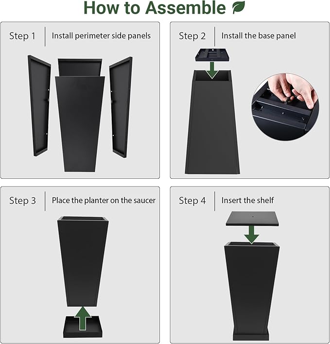 Metal Planter 30" H - 2 Pack, Tall Planters with Removable Insert Shelve & Saucer Trays, Metal Outdoor Planters for Porch, Garden, Patio, Yard (Black)