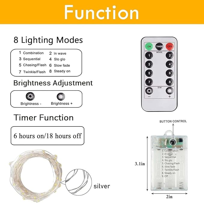2 Pack Fairy Lights Battery Operated with Remote Control Timer, LED String Lights Outdoor Indoor, 8 Mode Twinkle Lights for Christmas Party Wedding Birthday Bedroom Décor (Warm White)