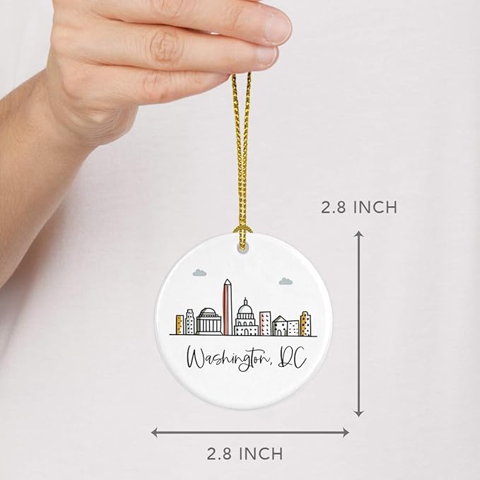 Andaz Press Round Ceramic Porcelain Christmas Tree Ornament Keepsake Gift, Washington, Dc, Colorful City Skyline Graphic, 1-Pack, Birthday Family Coworker Includes Gift Box Washington Dc Ornament 2024