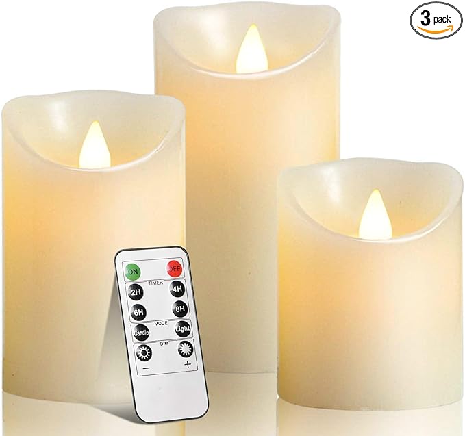 Flameless Battery Operated LED Candles with10key Button Remote Control 24-Hour Timer Set of 3 Electric Flickering Pillar Real Wax，Wedding, Party, Christmas and Home Decoration