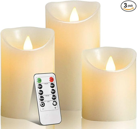 Flameless Battery Operated LED Candles with10key Button Remote Control 24-Hour Timer Set of 3 Electric Flickering Pillar Real Wax，Wedding, Party, Christmas and Home Decoration