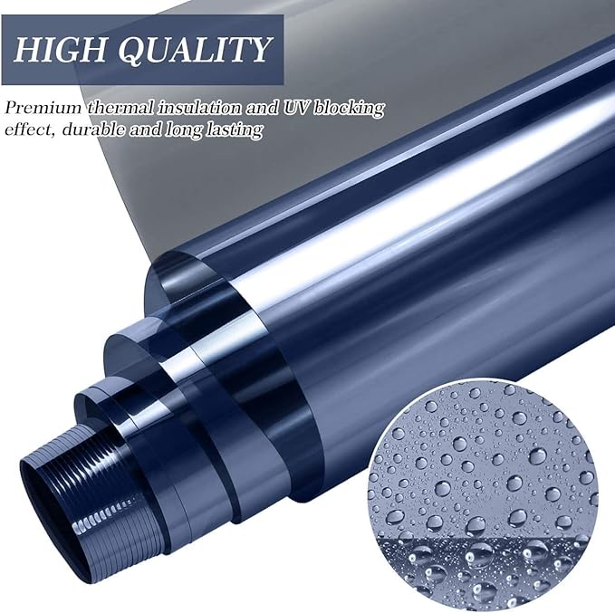 HIDBEA One Way Mirror Window Film ,Daytime Privacy Sun Blocking Reflective Window Film Static Cling Heat Control Window Tinting Film for Home and Office, Blue Silver, 35.4 x 393.7 Inch