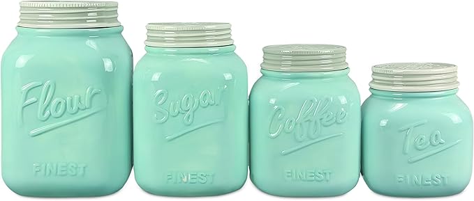 Young's Inc. 4 Pcs Set Vintage Ceramic Canisters- Storage Container for Kitchen and Bathroom - Beautiful Home Decor Accent to Store Food, Coffee, Tea, and More - Sky Blue