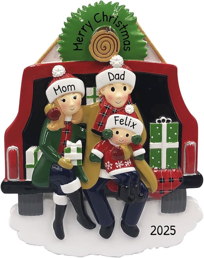 3D Santa Hat Family of 3 Christmas Ornament 2025 Personalized Family Christmas Ornaments 2025 | Road Trip on Vintage Car Personalized Tree Ornaments Customizable Gifts in Red Truck of Three Ornament