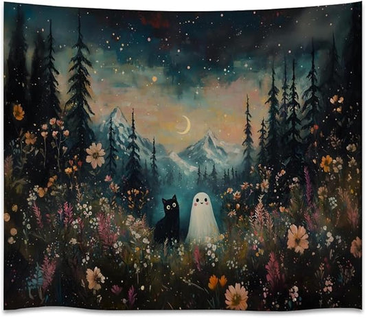 Whimsical Halloween Tapestry Wall Hanging Ghost and Black Cat in Magical Forest Wildflowers Meadow Tapestry Art Print Charming Spooky Fall Season Tapestries for Living Room Bedroom Decor 60x80inch