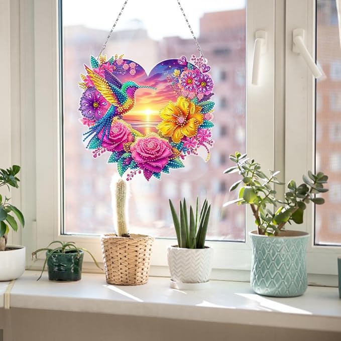 Flowers Hummingbird Diamond Art Kits,5D Diamond Hanging Ornament Kits,DIY Special Shaped Diamond Dot Kits,Home Porch Crystal Hanging Pendant Ornament (Colorful2)