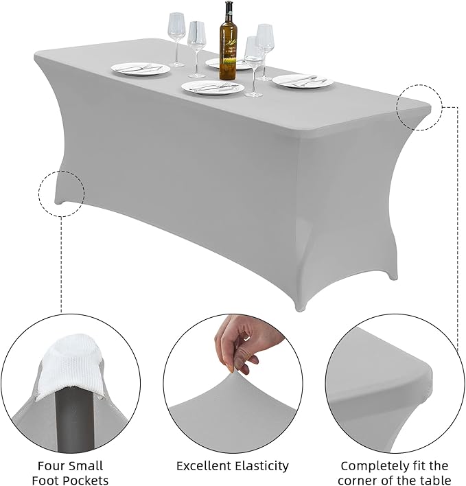 CWK 4FT Waterproof Stretch Spandex Table Cover for Rectangular Tables - Elastic Fitted Tablecloth for Folding Tables,Wrinkle Resistant Table Cloth for Parties, Weddings, Banquets & Events (Silver)