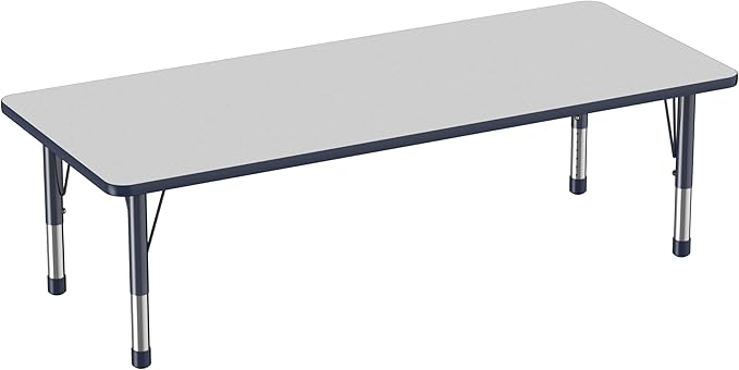 FDP Rectangle Activity School and Classroom Kids Table (30 x 72 inch), Chunky Toddler Leg, Adjustable Height 15-24 inches - Gray Top and Navy Edge