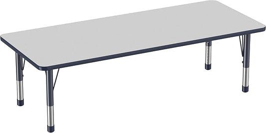 FDP Rectangle Activity School and Classroom Kids Table (30 x 72 inch), Chunky Toddler Leg, Adjustable Height 15-24 inches - Gray Top and Navy Edge