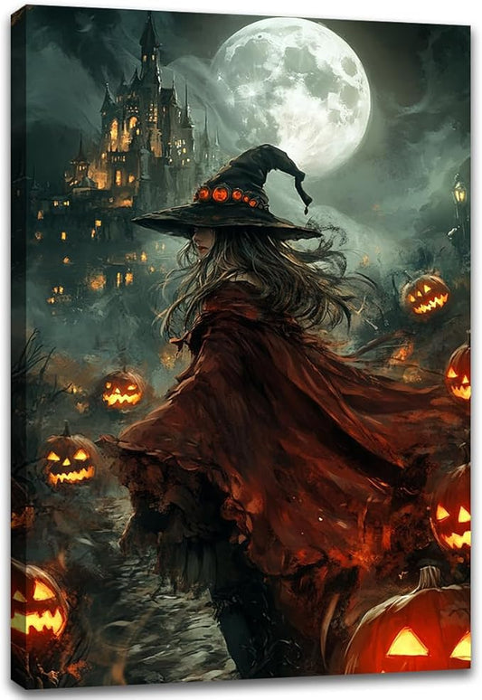 Dark and Moody Gothic Witch Poster Wall Art,Vintage Rustic Witch in Cloak with Castle Pumpkin Road Dark Gothic Poster,Goth Spooky Season Halloween Prints for Fantasy Office,12"x18" Framed