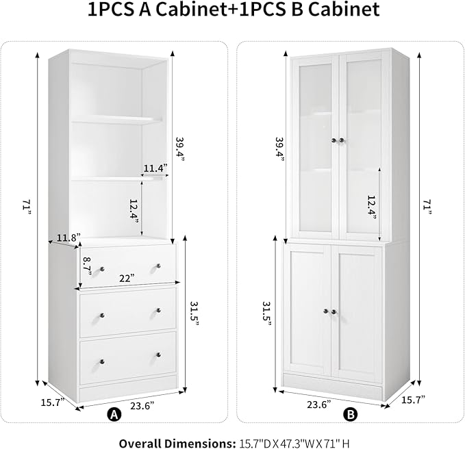 TUSY 71" Bookshelf Bookcase, 3-Tier Modern Bookshelves 3 Large Drawer, Wood Filing Cabinet with Open Storage Shelf, Glass Doors 5-Tier Fixed Storage Shelves for Home Office
