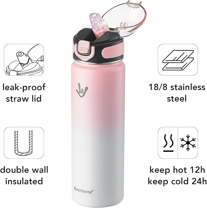 Enerbone 24 oz Insulated Water Bottle, Stainless Steel Bottle with Carrying Strap, Double-Wall Vacuum Insulation Design, Leakproof Sports Bottle with Straw, Keep Drinks Cold or Hot for Hours