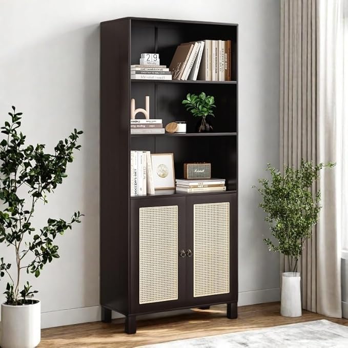 Tall Bookshelf, 5-Tier Book Shelf with 2 Rattan Doors, Freestanding Bookcase Display Shelves with Large Storage, Book Case for Living Room, Office, Study, Bedroom, 70.9 Inch