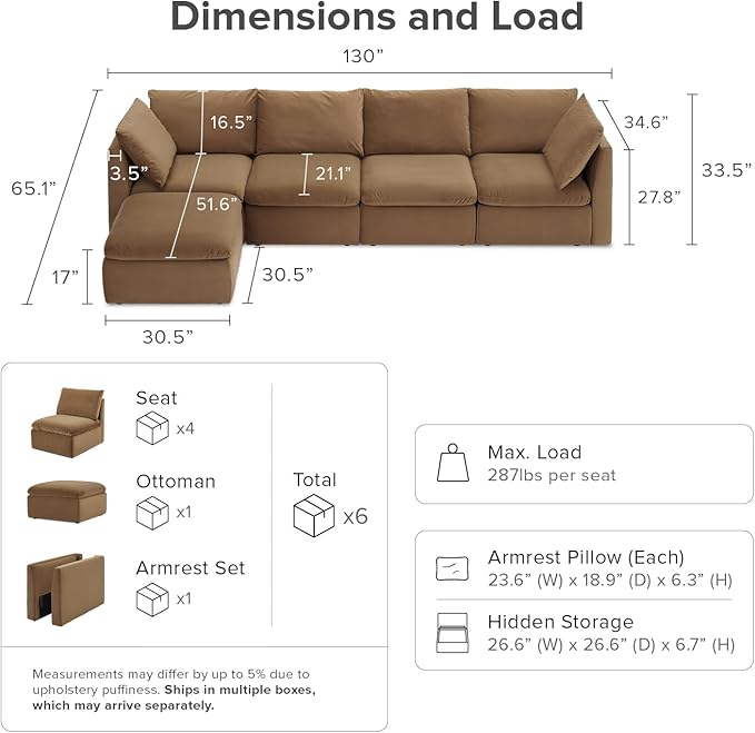 mopio Oversized Modular Sectional Sofa with Fully Removable Covers and Storage, Convertible U, L-Shaped and Sleeper Sectional, Modern Couches with Ottoman Chaise (Hazelnut Velvet, 5 Seats, L)