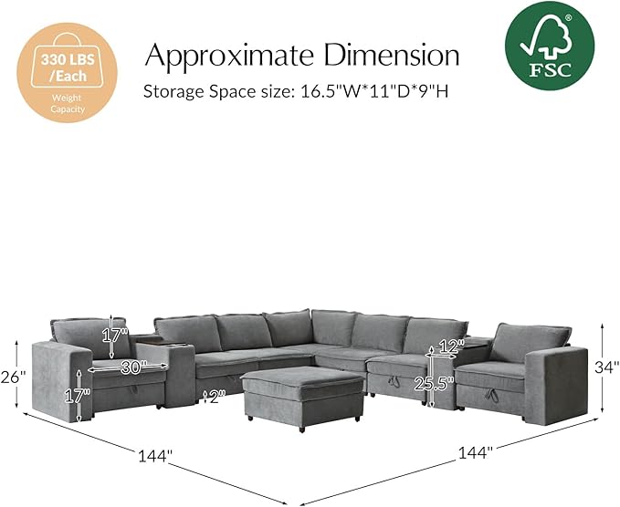 HULALA HOME Modular Sectional Sofa with USB Port and Console, 8 Seater Sofa with Storage Ottoman, Oversized L Shaped Couches for Living Room, FSC Certified, Grey